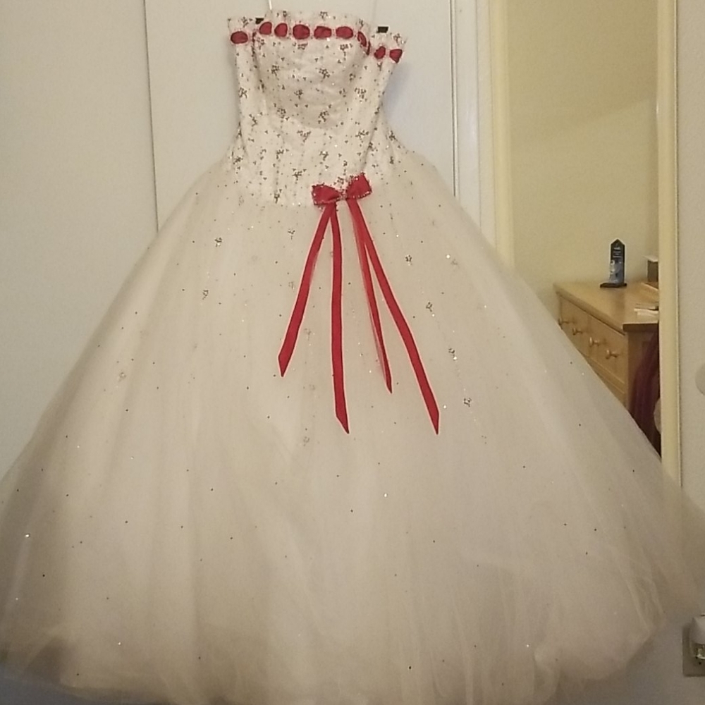 Red and white formal gown